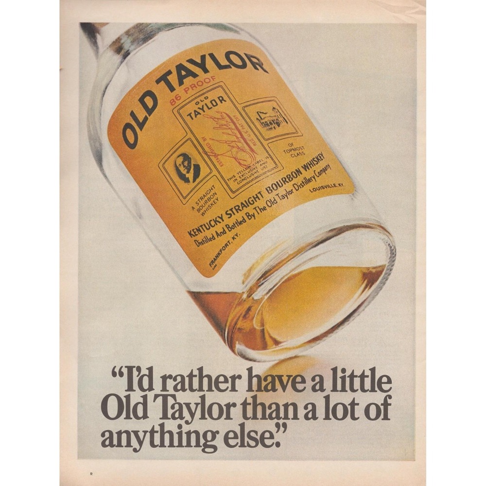 Vintage 1969 Old Taylor Bourbon Whiskey Kentucky Bar Lounge Decor Print Ad